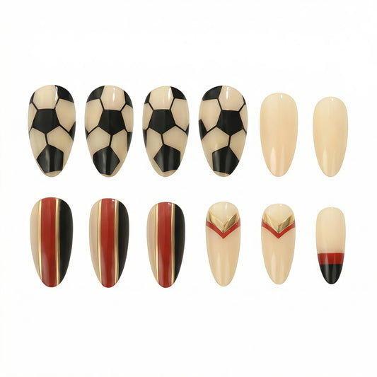 Soccer Star Inspired Medium Almond Press-On Nail Set in Black and Beige with Unique Sports Theme Design