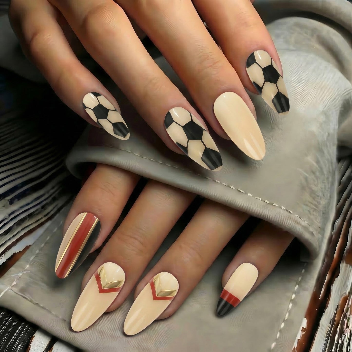 Sporty Elegance Long Almond Black and Beige Geometric Design Press On Nail Set