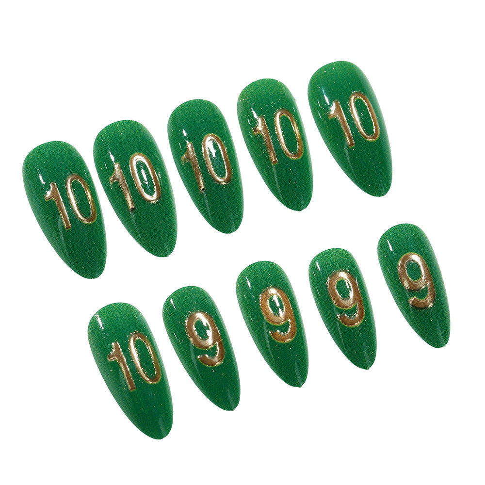 Emerald Enchantment Long Almond Green Press On Nail Set with Shimmering Golden Accents