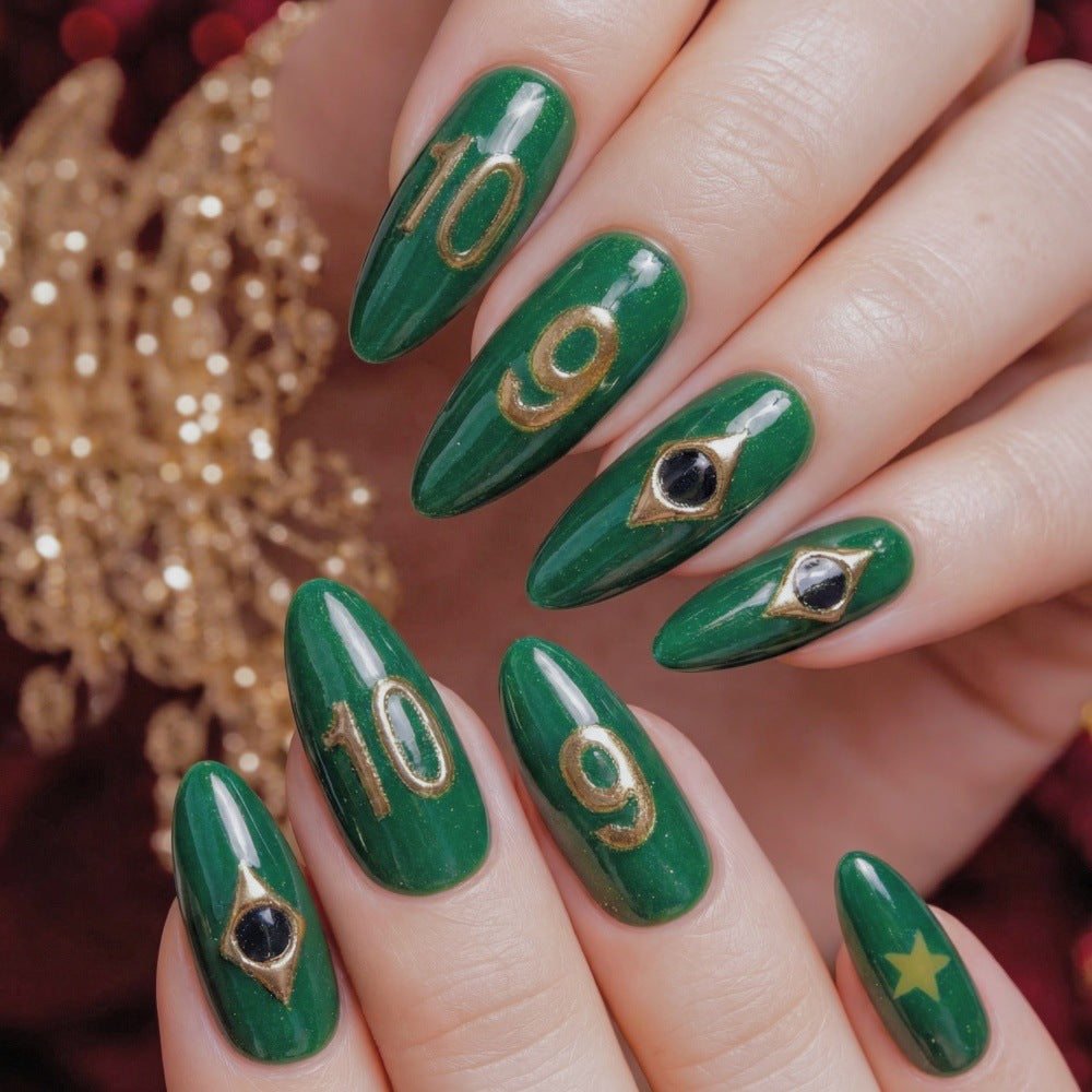 Enchanted Forest Emerald Green Long Almond Press On Nail Set with Intricate Gold Accents and Eye-Catching Gem Details