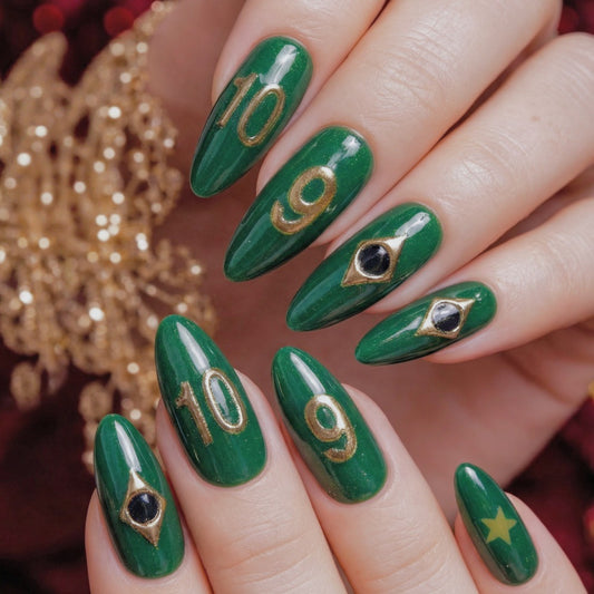 Enchanted Forest Emerald Green Long Almond Press On Nail Set with Intricate Gold Accents and Eye-Catching Gem Details