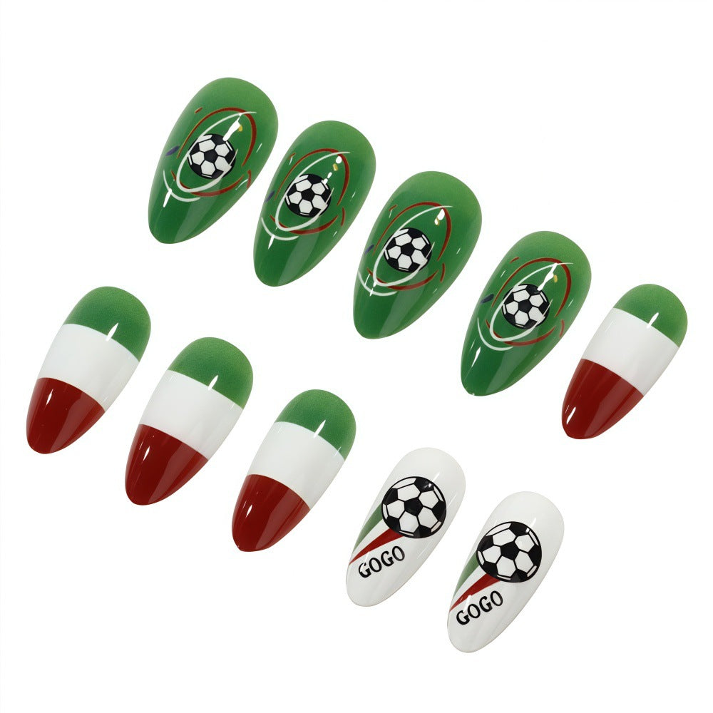 Goal-Scoring Glamour Long Almond Green Red and White Soccer Themed Press on Nail Set