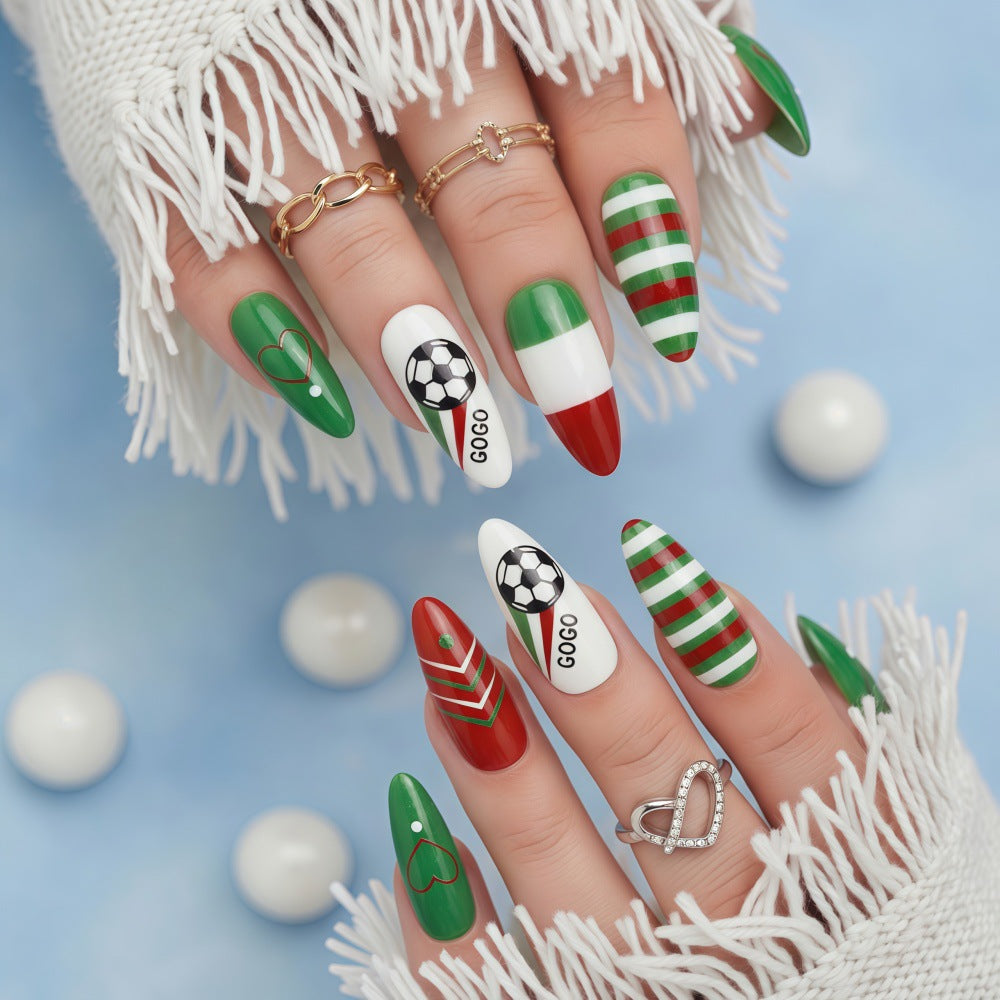 Sporty Vibes Long Almond Green and White Press On Nail Set with Unique Soccer Theme Decor