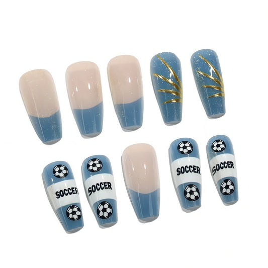 Soccer Fever Stylish Long Coffin Blue and Beige Press on Nail Set with Eye-Catching Glitter and Sporty Design