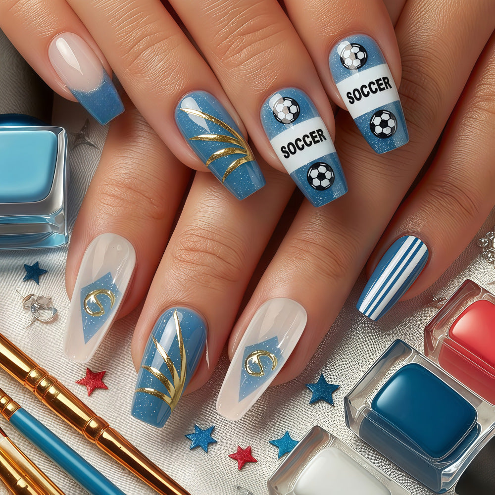 Game Day Spirit Long Coffin Sky Blue with Soccer Motif and Gold Accents Press-On Nail Set