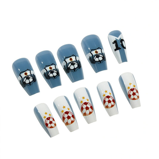 Soccer Spirit Long Coffin Blue and White Press On Nail Set with Unique Team Emblems
