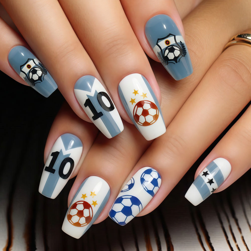 Soccer Star Fantasy Long Coffin Blue and White with Sporty Graphic Designs Press On Nail Set