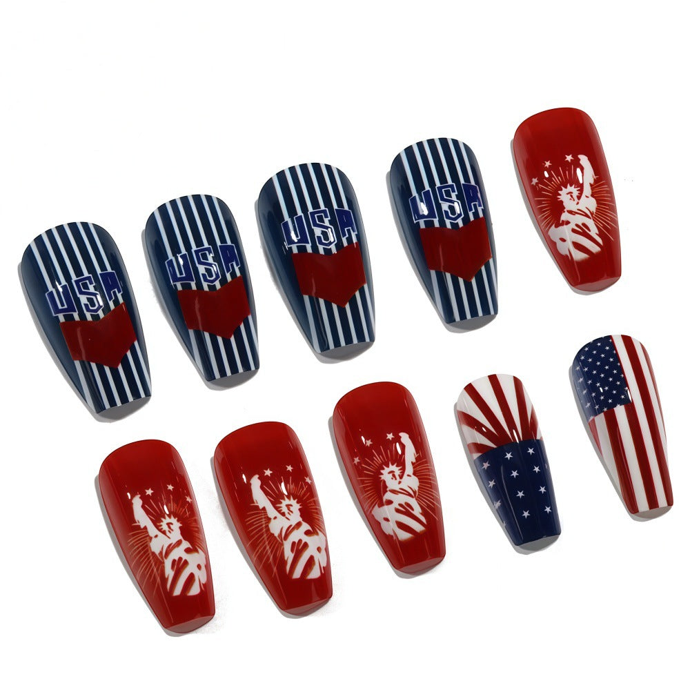 Patriotic Celebration Long Coffin Red and Blue Featuring Iconic Statue of Liberty Design Press On Nail Set