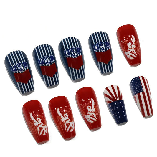 Patriotic Celebration Long Coffin Red and Blue Featuring Iconic Statue of Liberty Design Press On Nail Set