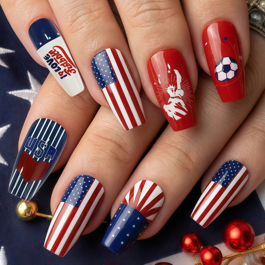 Patriotic Celebration Extra Long Coffin Red and Blue with Unique American Flag Designs Press On Nail Set