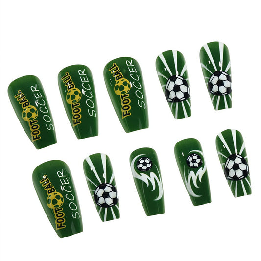 Soccer Star Long Coffin Green Square Press On Nail Set with Dynamic Sports Designs