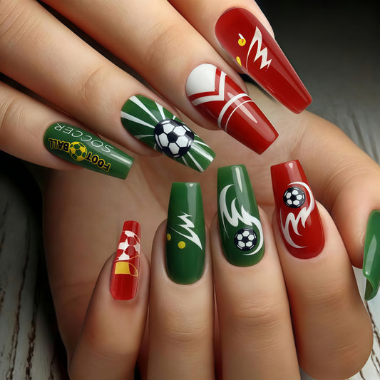 Soccer Fever Long Coffin Green and Red Nail Set with Playful Sports Themed Designs
