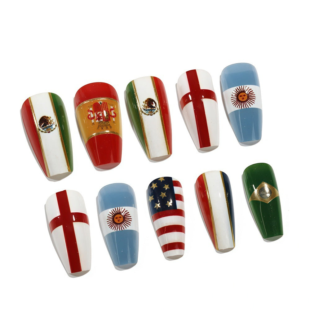 World Celebration Themed Long Coffin Multicolored Nail Set with Unique Flag Designs