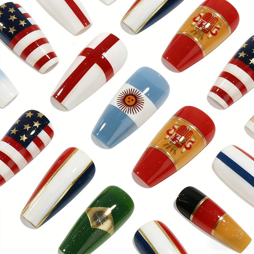 Global Spirit Colorful Long Coffin Shaped Press On Nail Set with Iconic National Flag Designs