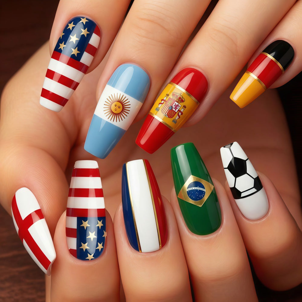Soccer Celebration Long Coffin Multi-Colored Press-On Nail Set with Vibrant Flag Designs
