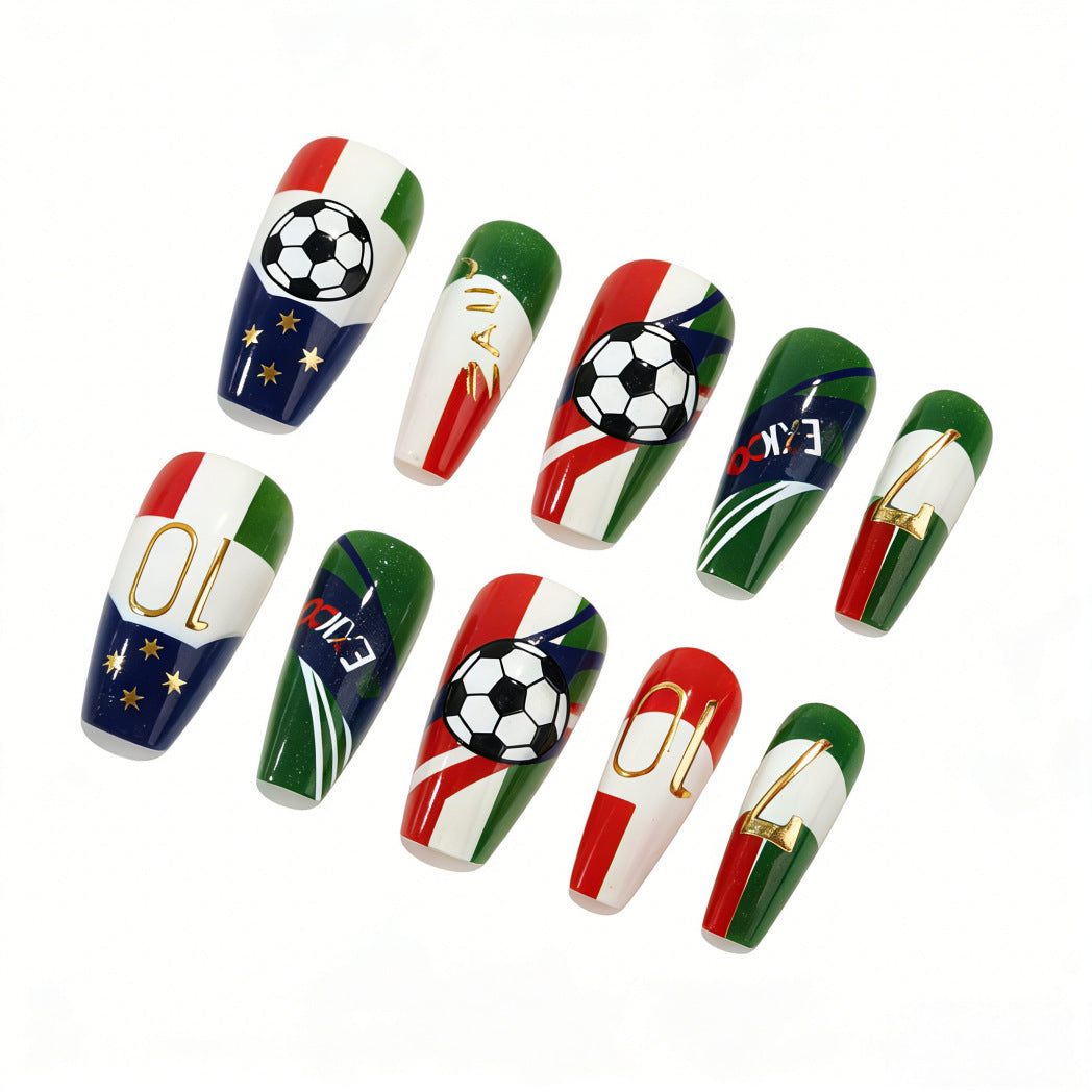 Soccer Spirit Long Coffin Green White Red with Vibrant Sports Theme Press On Nail Set