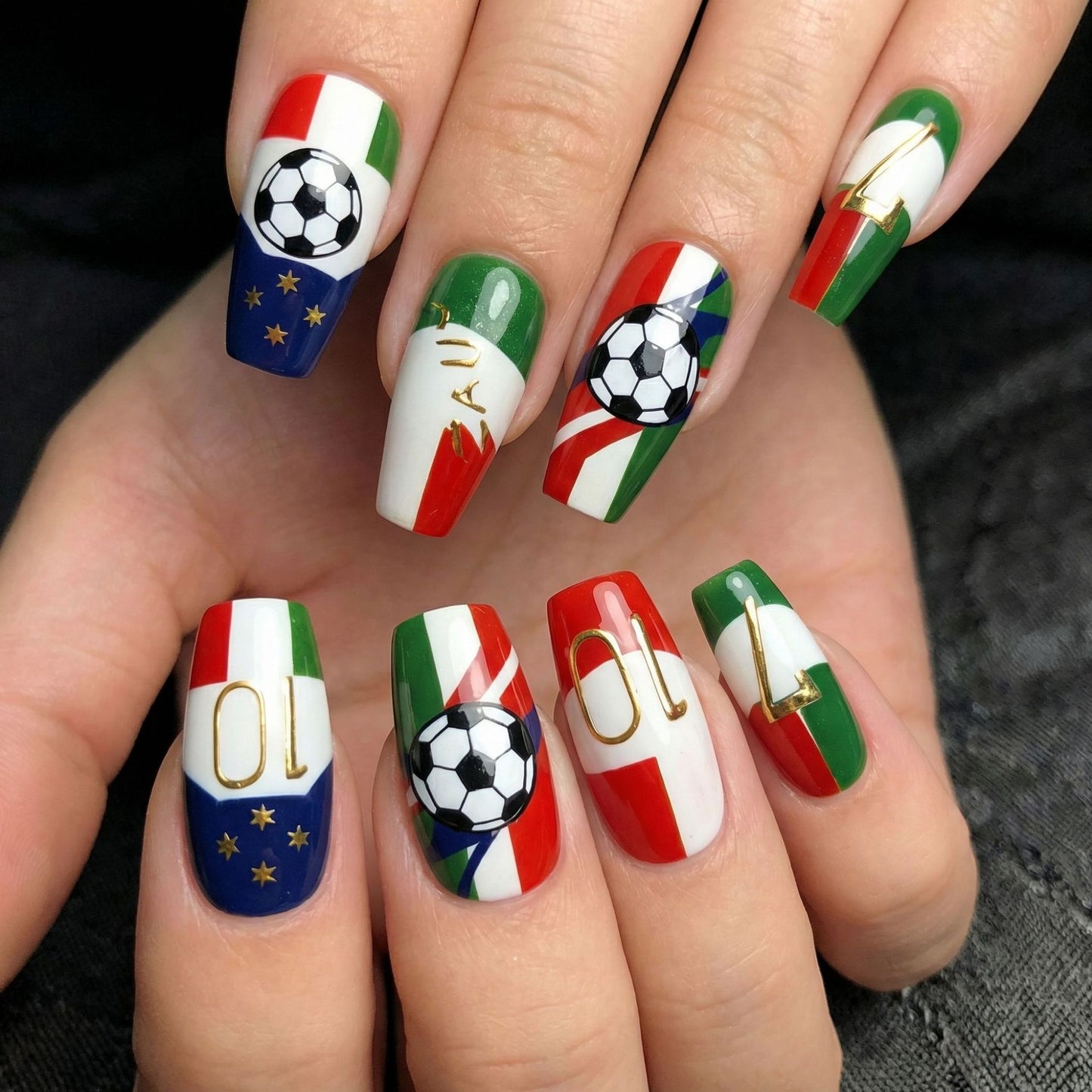 Soccer Celebration Extra Long Coffin Green and Red with Soccer Motif and Gold Accents Nail Press Set