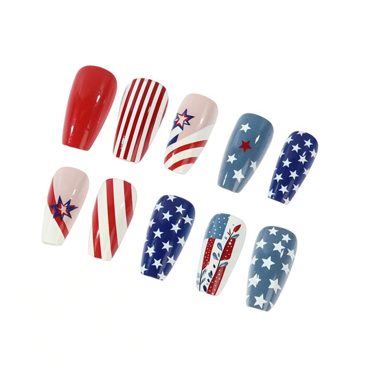 Patriotic Glamour Long Coffin Red and Blue Star Spangled Press on Nail Set
