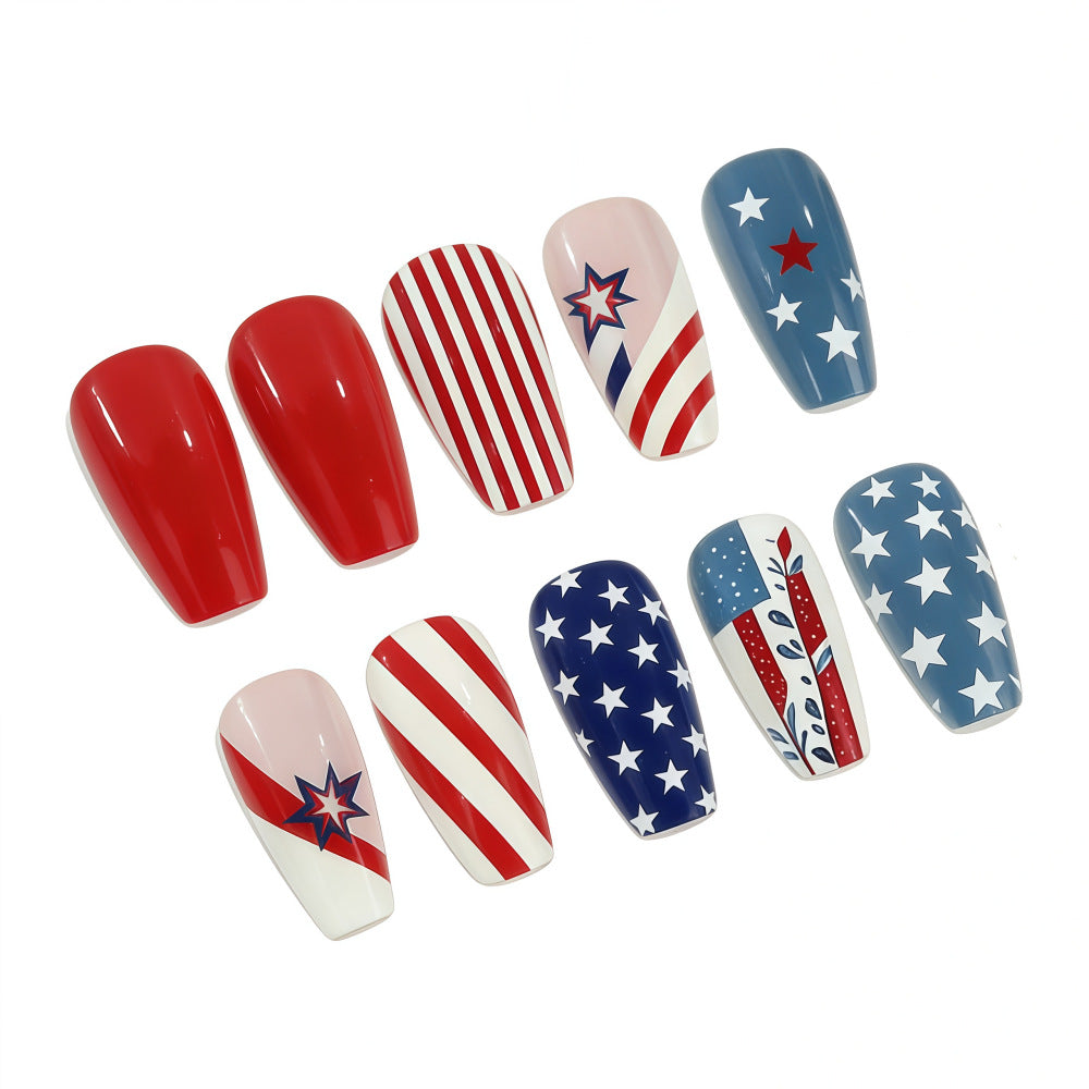 Patriotic Glamour Long Coffin Red Blue and White Striped Stars Press On Nail Set