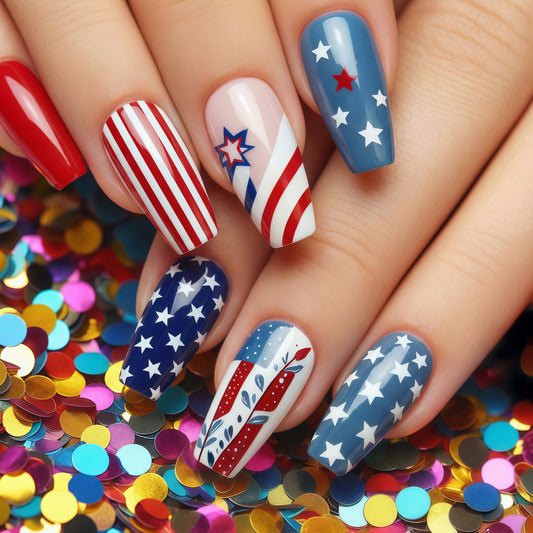 Patriotic Glamour Long Coffin Red Blue White Stars and Stripes Theme Press On Nail Set