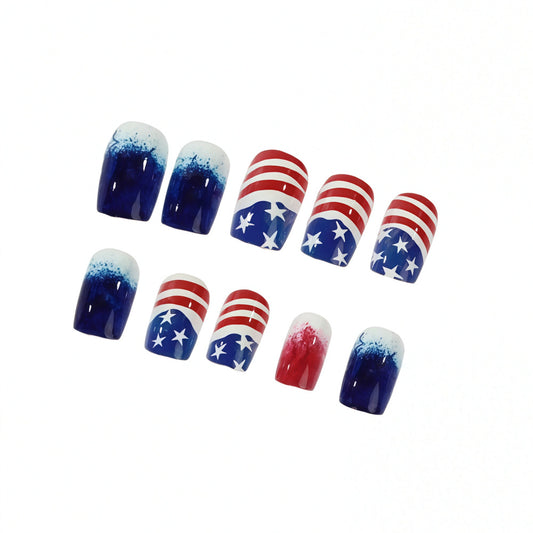 Patriotic Style Short Square Red Blue Stars and Stripes Ombre Press On Nail Set