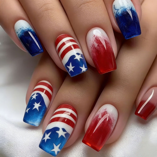 Patriotic Vibes Short Square Red Blue and White Ombre Press On Nail Set