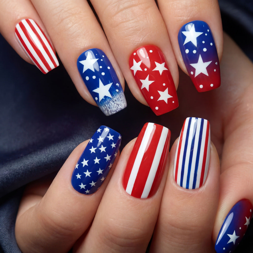 Patriotic Celebration Medium Square Red Blue and White Star Spangled Press On Nail Set