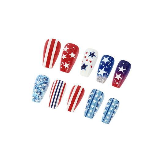 Patriotic Celebration Long Coffin Red and Blue with Star and Stripe Designs Press On Nail Set