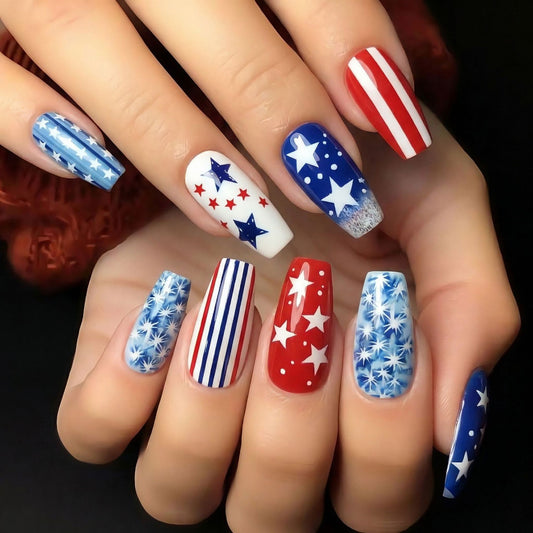Patriotic Celebration Bold Long Coffin Blue and Red Nail Set with Starry Designs