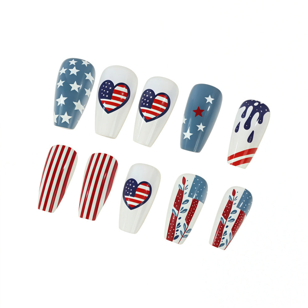 Patriotic Charm Long Coffin Shape Blue and White with Unique Heart and Star Designs Press On Nail Set