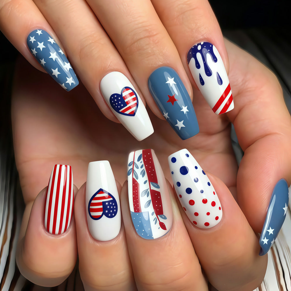 Patriotic Glamour Long Coffin Blue and White Press on Nail Set with Creative Flag and Heart Designs