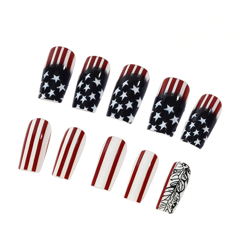 Patriotic Glamour Long Square Red White and Blue Starry Features Press On Nail Set