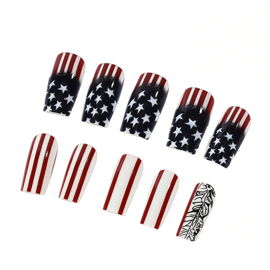 Patriotic Glamour Long Square Red White and Blue Starry Features Press On Nail Set