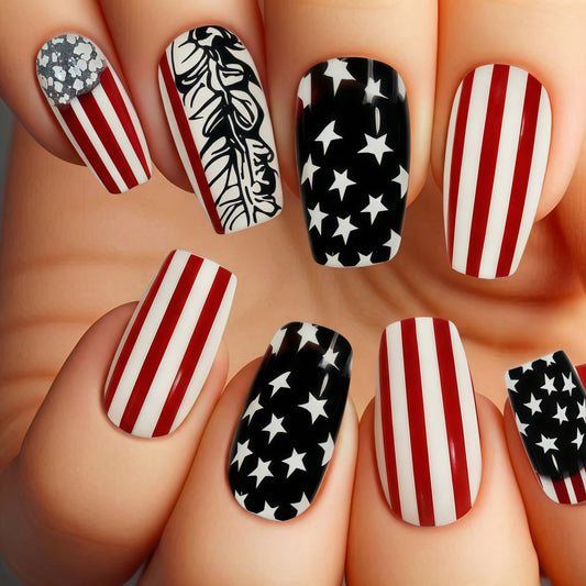 Patriotic Spirit Long Square Red and White Striped with Starry Black Accent Nail Set
