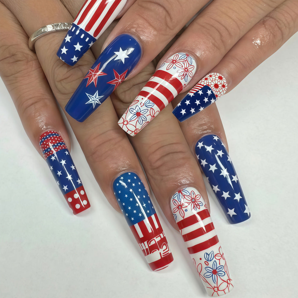 Patriotic Celebration Extra Long Square Firework Nail Set in Red Blue and White with Star Patterns