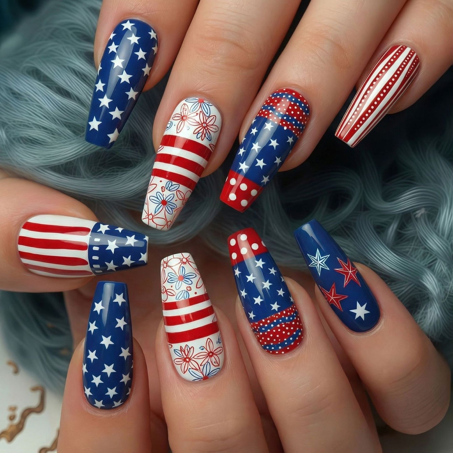 Patriotic Glamour Long Coffin Red Blue and White Nail Set with Festive Star and Stripe Design