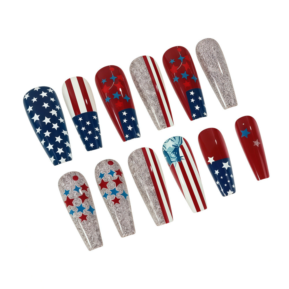 Patriotic Glamour Long Coffin Red and Blue Nail Set Featuring Stars and Stripes Design