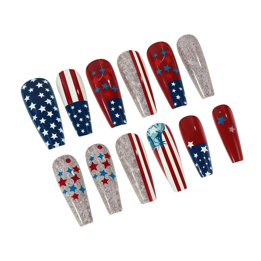 Patriotic Glamour Long Coffin Red and Blue Nail Set Featuring Stars and Stripes Design