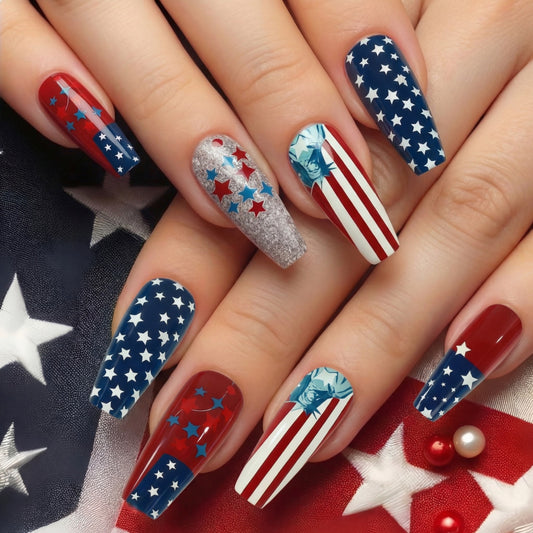 Patriotic Glamour Long Coffin Red and Blue Press-On Nail Set with Star and Stripe Design
