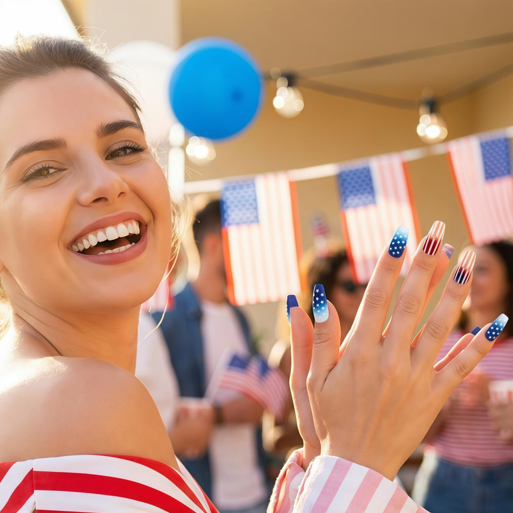 Patriotic Festivities Long Coffin Blue and Red with Starry Accent Press-On Nail Set