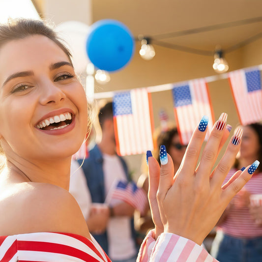 Patriotic Festivities Long Coffin Blue and Red with Starry Accent Press-On Nail Set