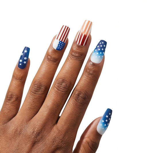 Patriotic Glamour Long Coffin Blue and Red with Star and Stripe Design Press On Nail Set