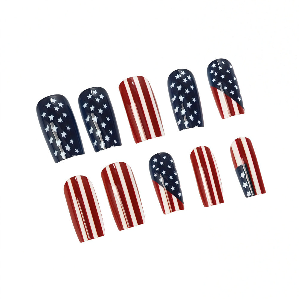 Patriotic Vibes Long Square Red and Blue Star Pattern Press On Nail Set