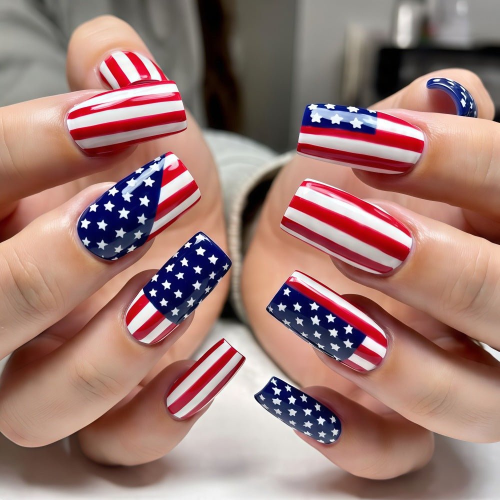 Patriotic Glamour Long Square Red and Blue Starry Design Press On Nail Set