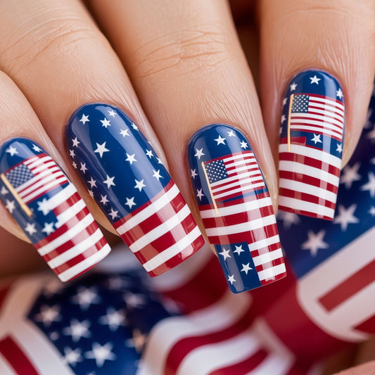 Patriotic Long Square Red and Blue with Flag Design Press On Nail Set