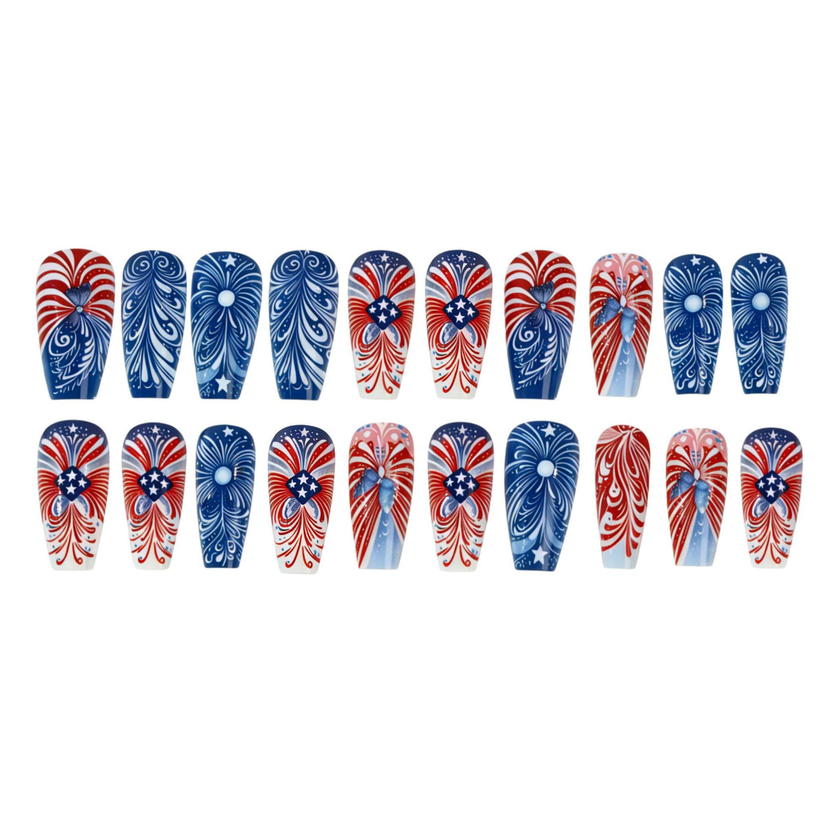 Patriotic Medium Coffin Blue and Red Swirling Design Press on Nail Set