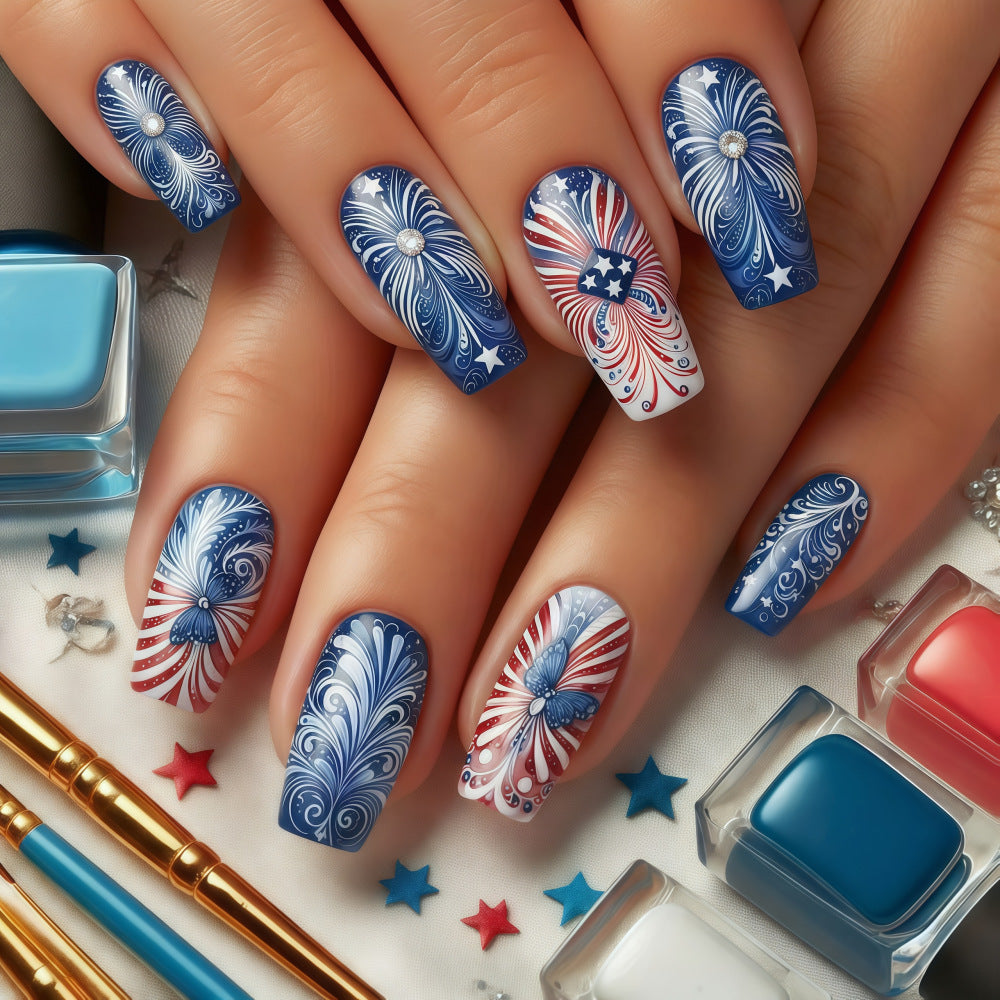 Patriotic Elegance Medium Coffin Blue and Red Floral Design Press On Nail Set