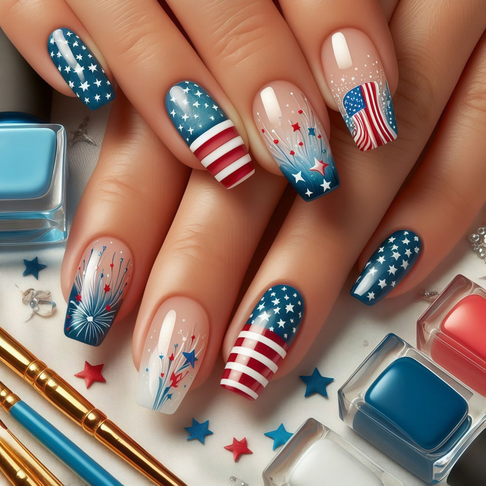 Patriotic Glam Medium Coffin Blue with Starry Accents Press On Nail Set