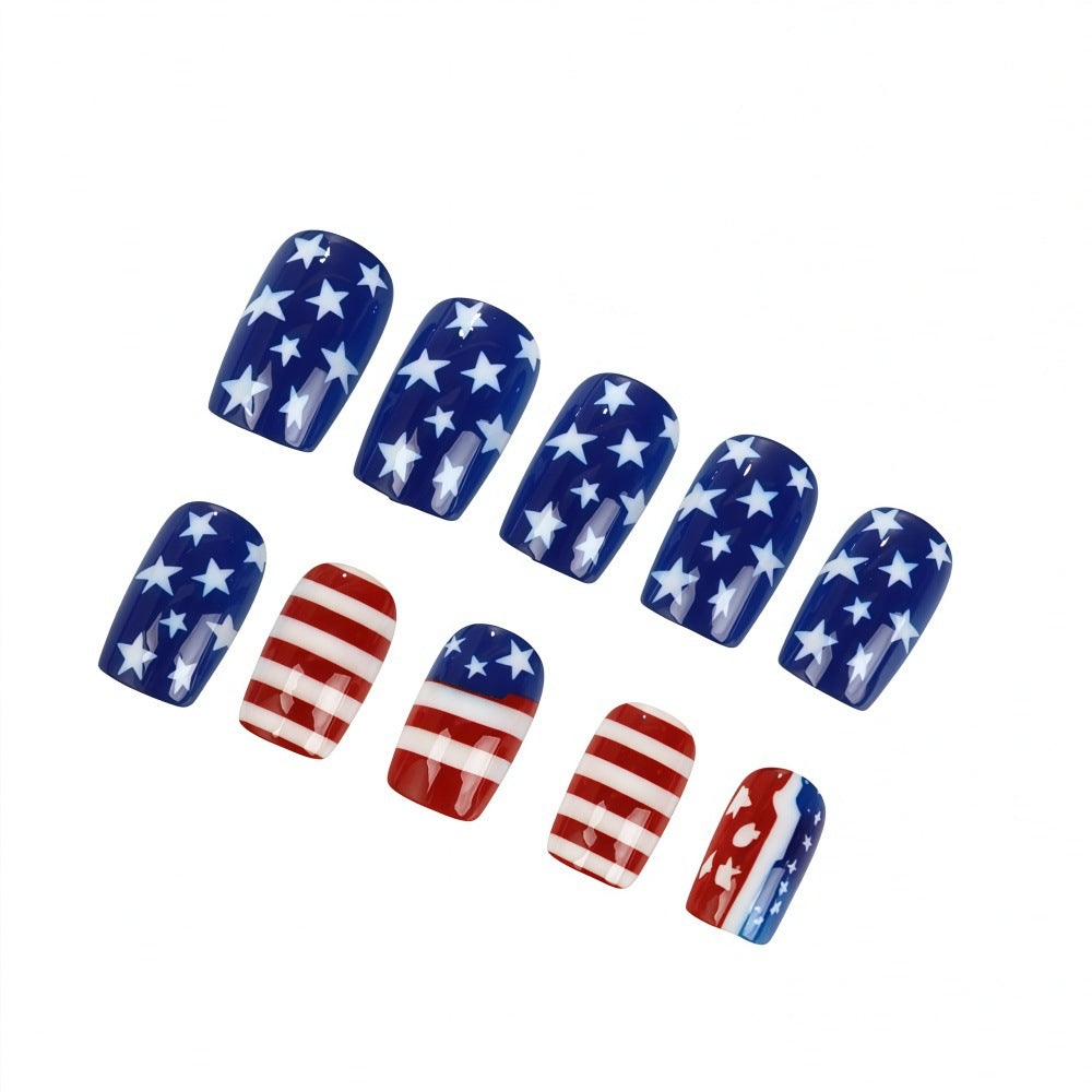 Patriotic Flair Short Square Blue and Red Star Design Press On Nail Set