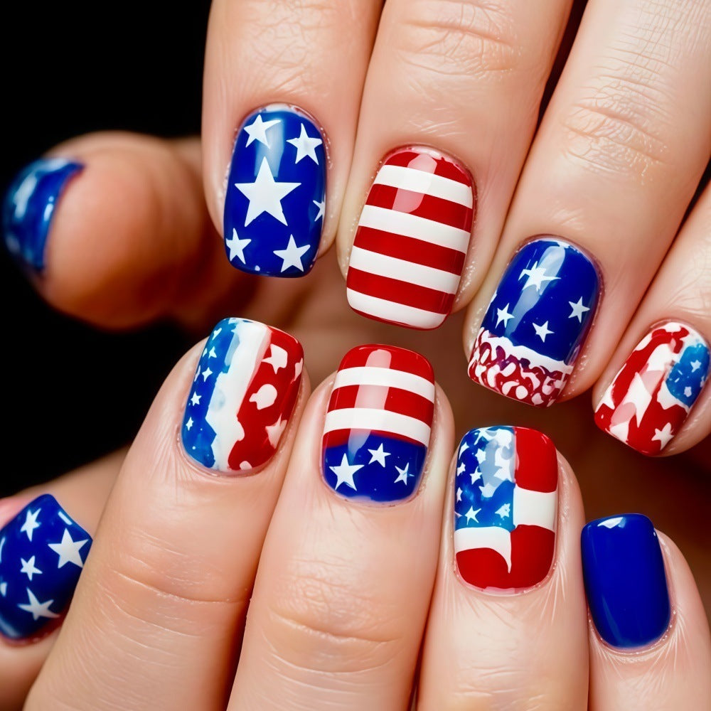 Patriotic Spirit Short Square Red and Blue Star Design Press on Nail Set